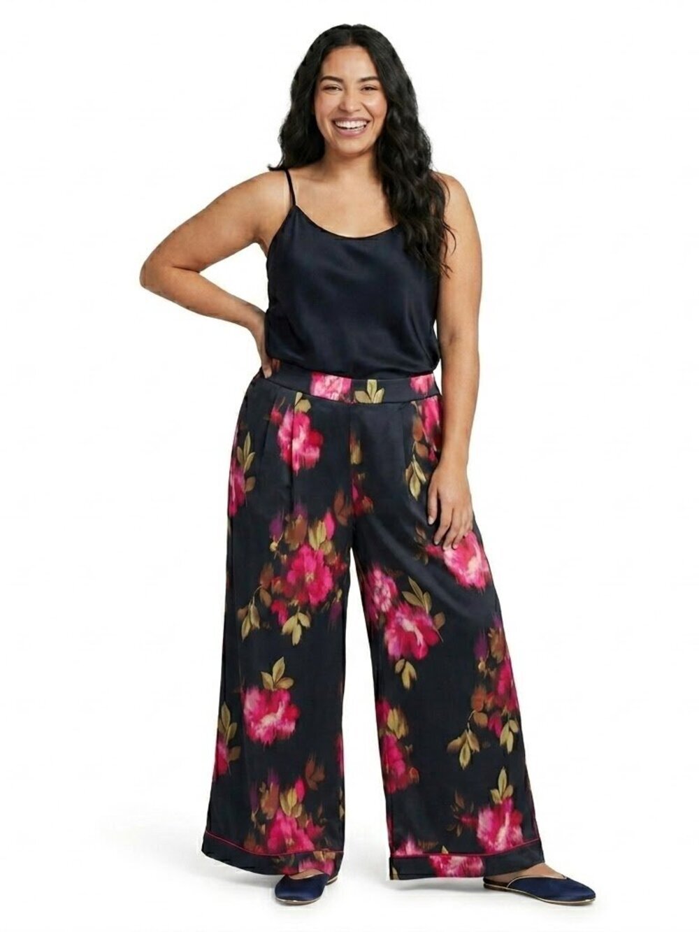Torrid Wide Leg Satin Pants Size 3 3X 18/20 Black Pink Floral Half Elastic Waist